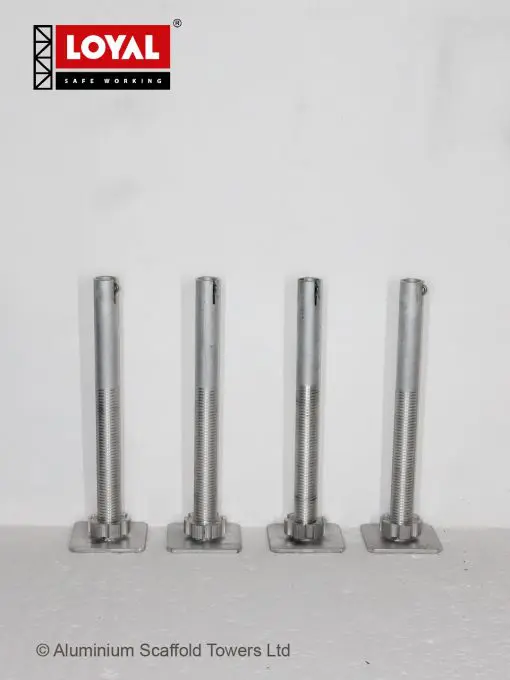 Scaffold tower base plates with adjustable screw jacks for uneven ground