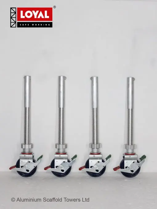 Heavy-duty 150mm scaffold castor wheels with locking brakes and threaded stems