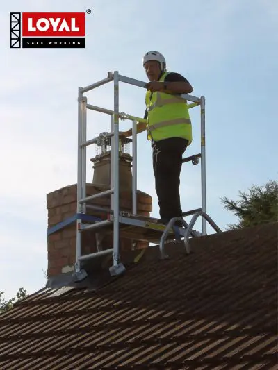 Aluminium chimney scaffold tower installed on a pitched roof