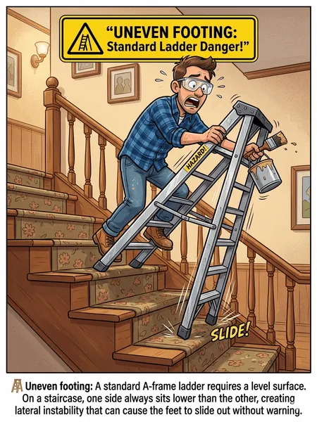 Uneven footing of an A-frame ladder on stair