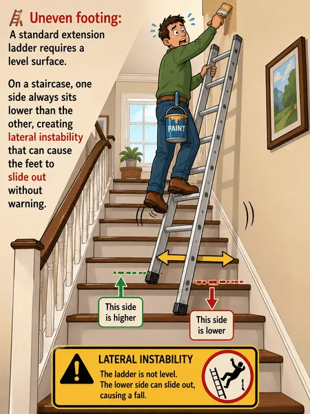 Uneven footing of an extension ladder on stair