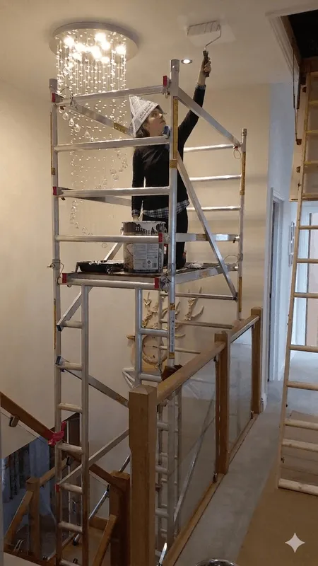 Using stair scaffold tower for painting stair ceiling